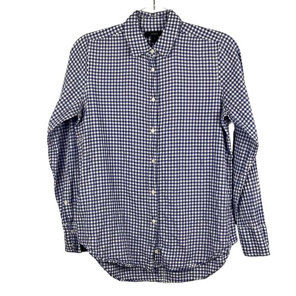 J. Crew Womens Boy Fit Crinkle Gingham Blue White Plaid Shirt Button Up sz 4 - Picture 2 of 10
